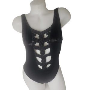 VINTAGE SOUTHERN EXPOSURE CUT OUT FRONT BLACK TANK SWIMSUIT